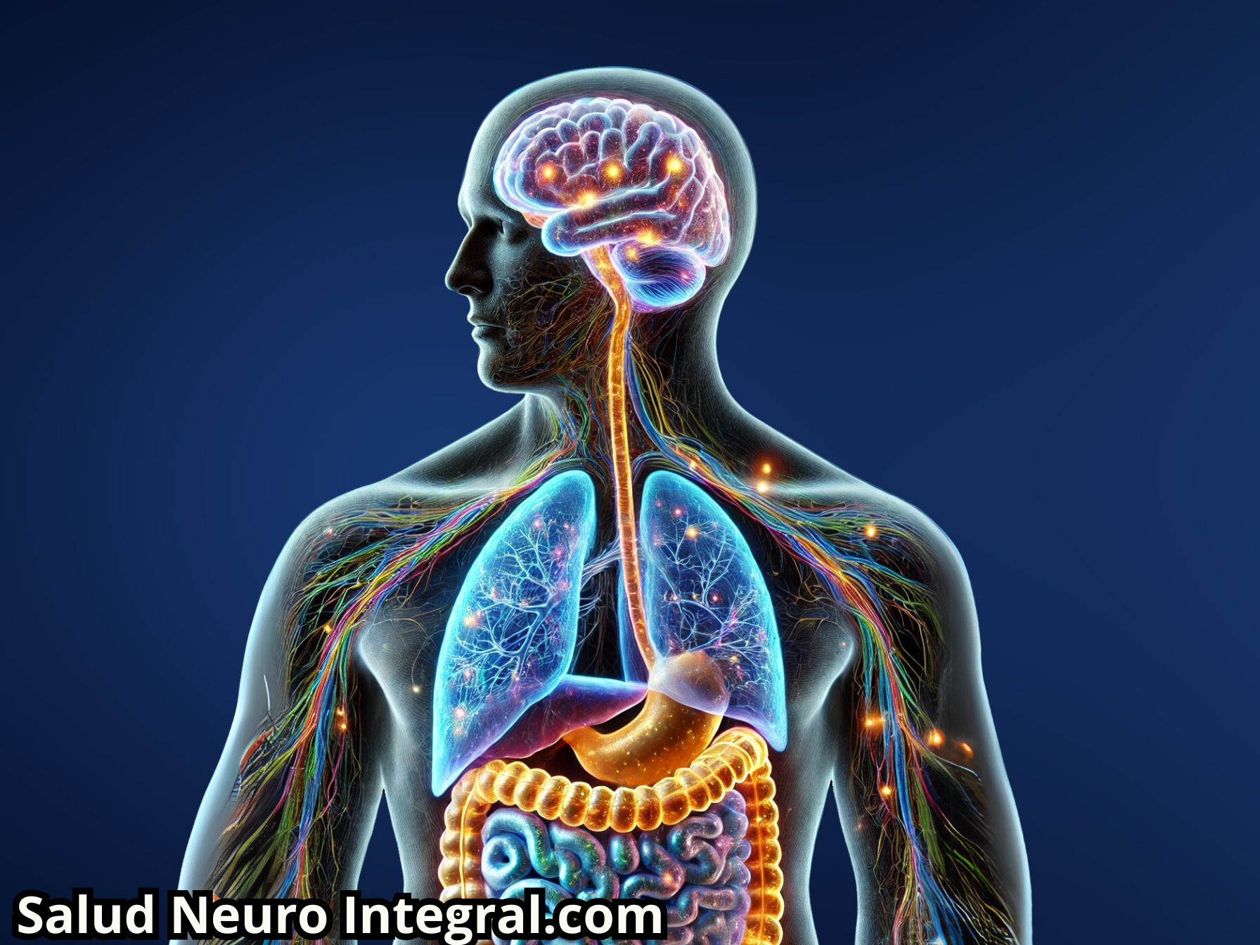 Representación visual del eje microbiota-cerebro, mostrando las conexiones entre el cerebro, los nervios y el sistema digestivo, destacando su interacción en la salud integral. Cómo Mejorar la Microbiota Intestinal y Proteger Tu Cerebro?